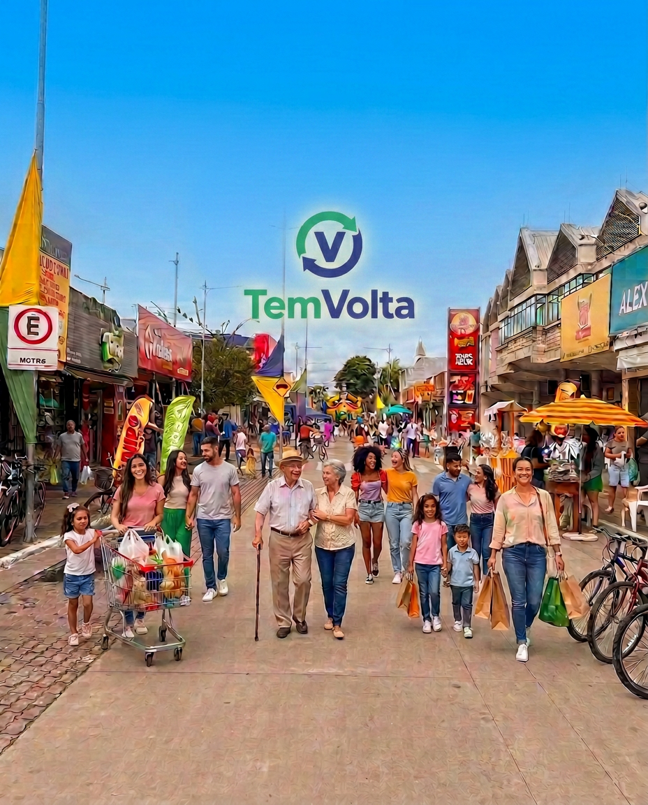 Rua comercial de cidade do interior com pessoas sorrindo e entrando em lojas participantes do TemVolta